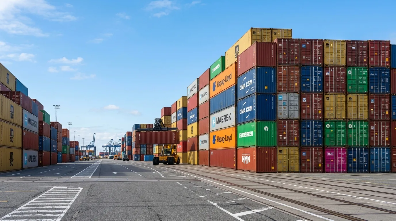 Stacked shipping containers in a grid at a container terminal