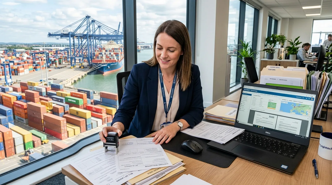 Freight forwarding professional reviewing customs documentation and bills of lading
