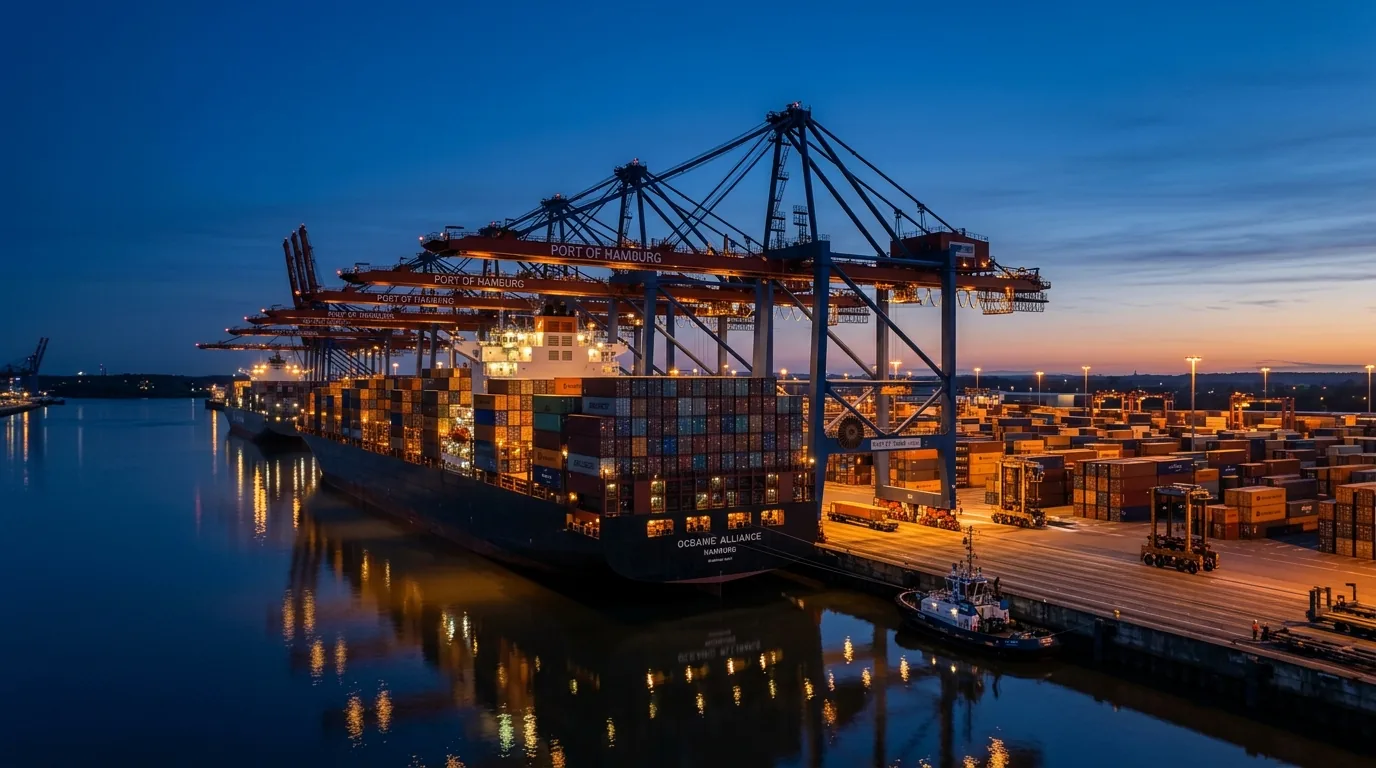 Container ship berthed at a deep-sea port terminal at blue hour with gantry cranes and stacked containers