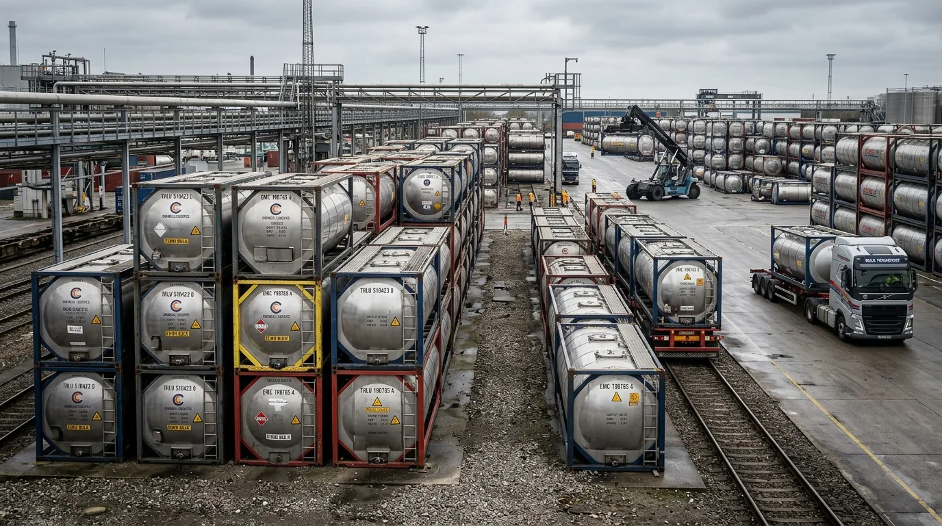 Stainless steel ISO tank containers lined up at a liquid bulk terminal