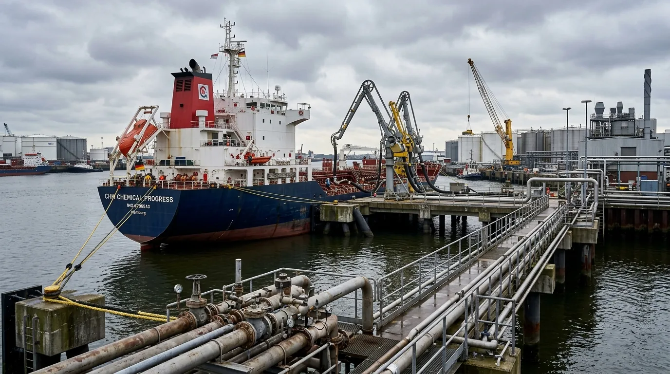 Chemical tanker moored at a terminal jetty with loading arms connected to a storage terminal