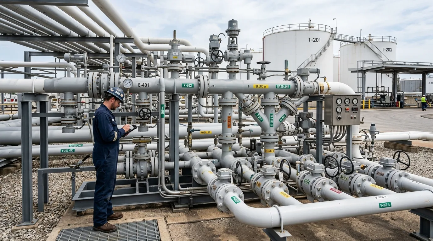 Industrial pipeline manifold and blending station at a liquid bulk storage terminal