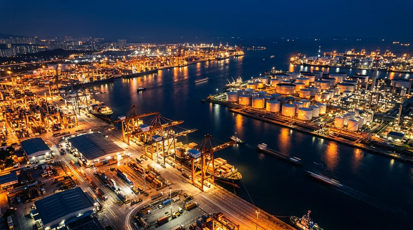 Illuminated port and tank terminal at night