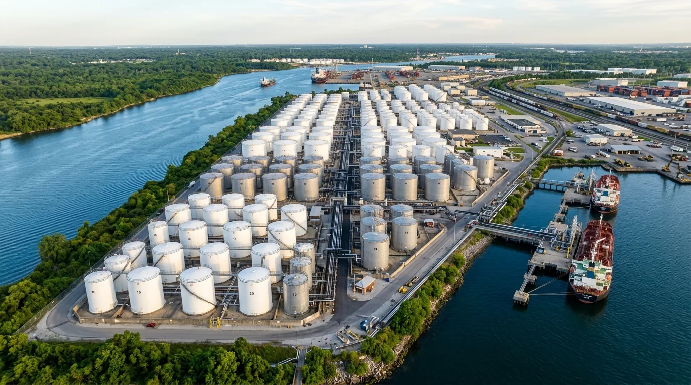 Aerial view of a bulk liquid storage tank farm with rows of cylindrical tanks