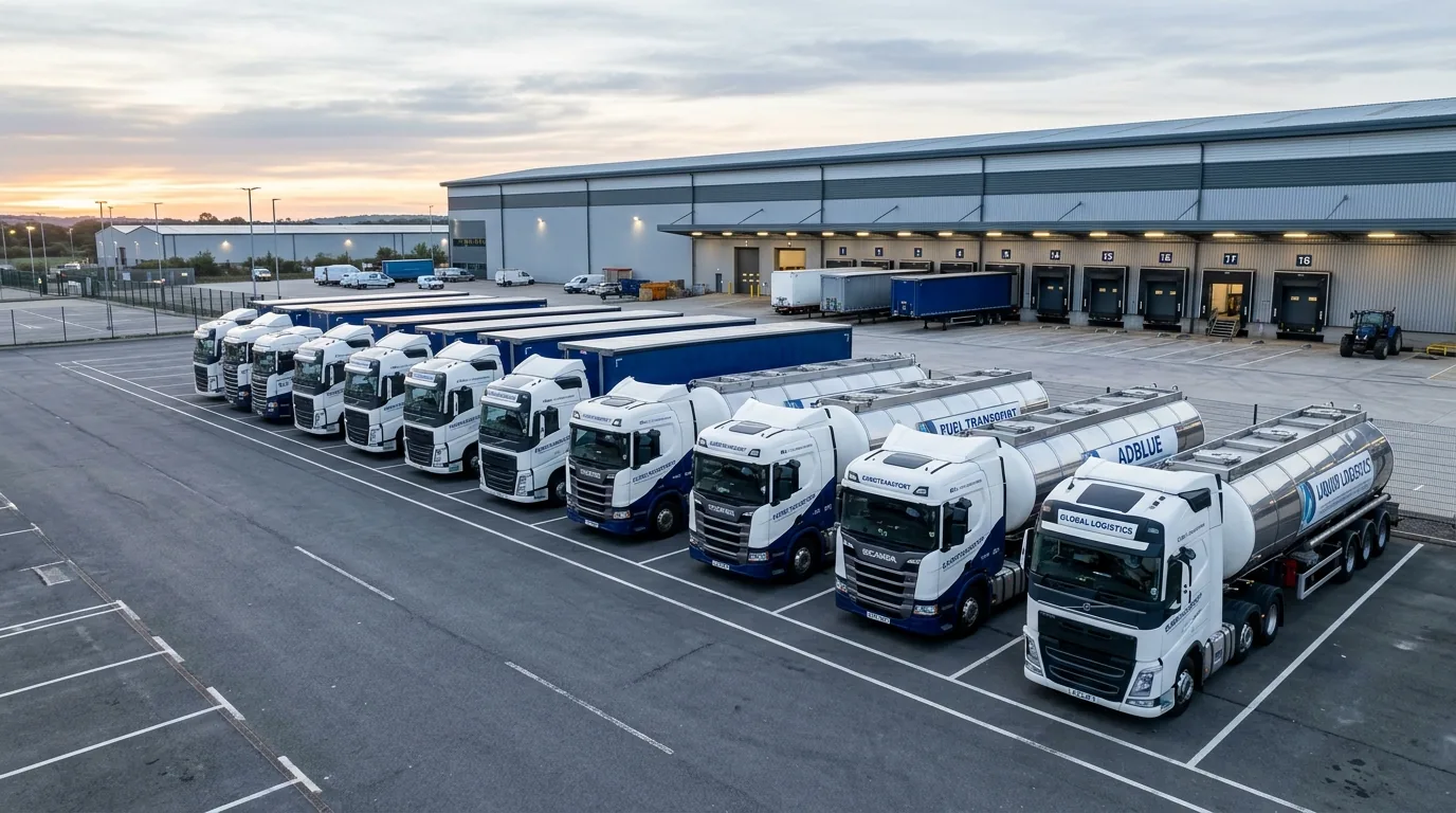 Fleet of modern trucks and road tankers lined up at a logistics depot